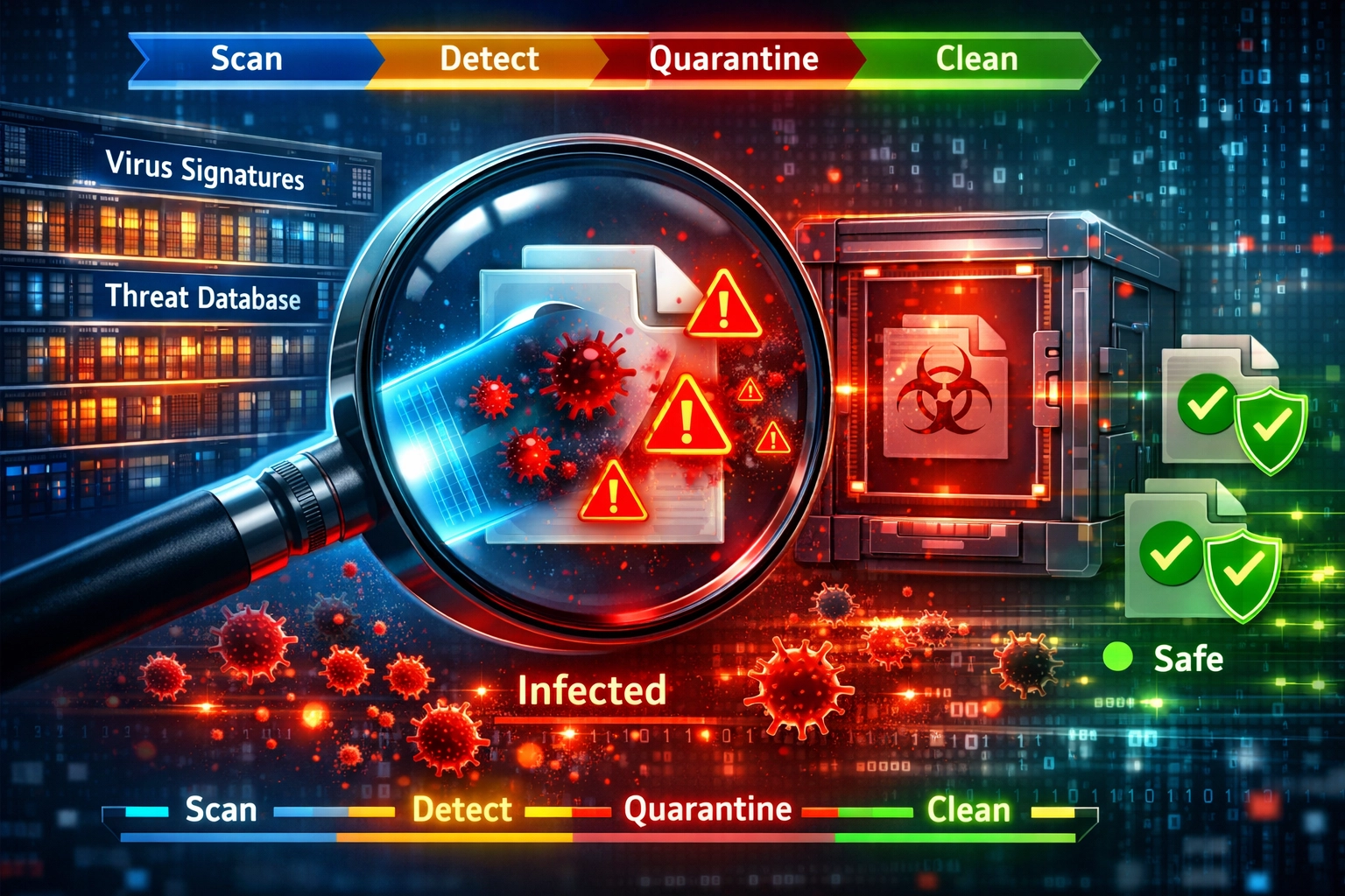 Malware detection and scanning process showing virus signatures, threat database, and quarantine procedures