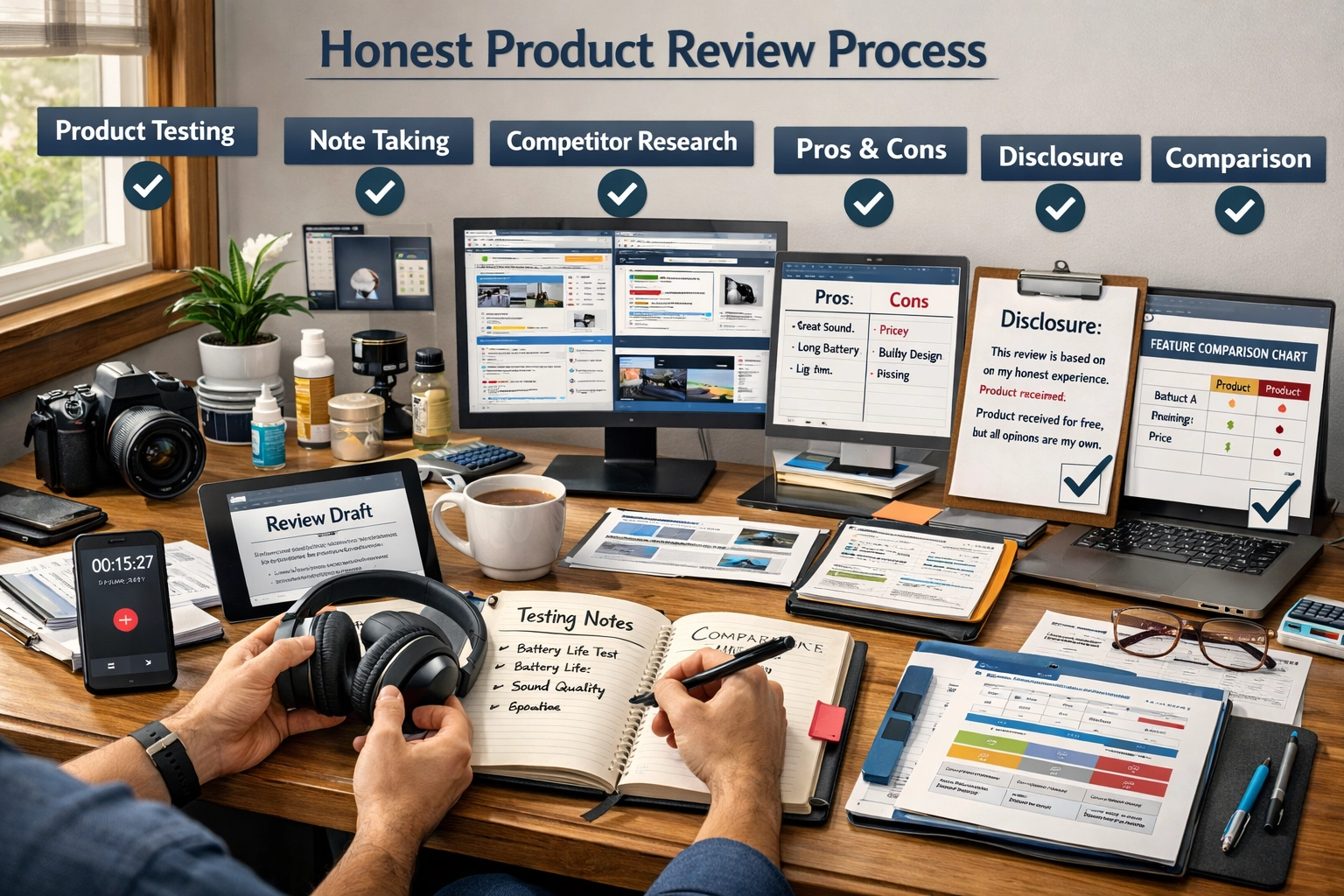 Detailed workflow illustration showing the honest product review writing process with multiple stages