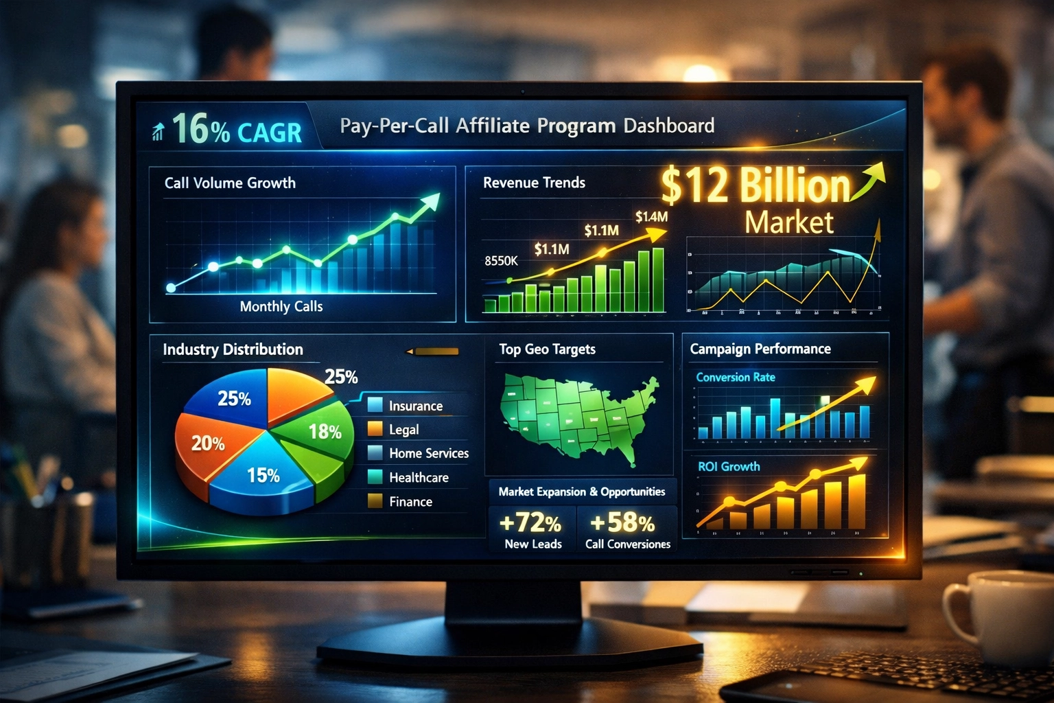 Pay-per-call piac növekedését mutató műszerfal, $12 milliárdos piaci előrejelzéssel és 16% CAGR-rel