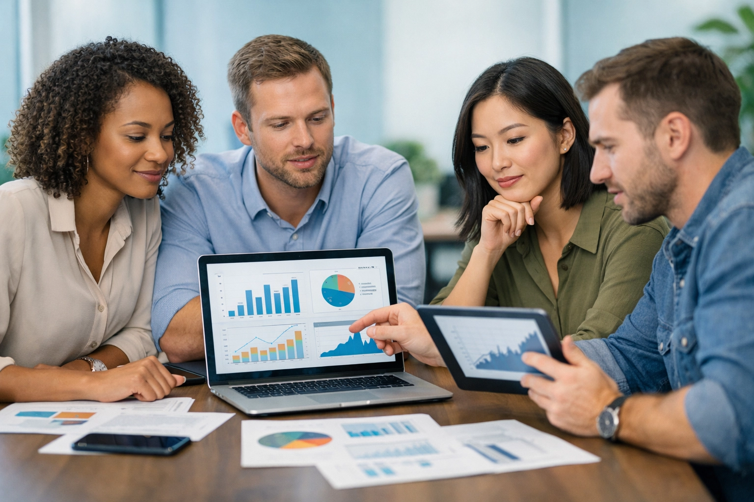 Professzionális csapat partnerprogramokat értékel laptopokon és tableteken