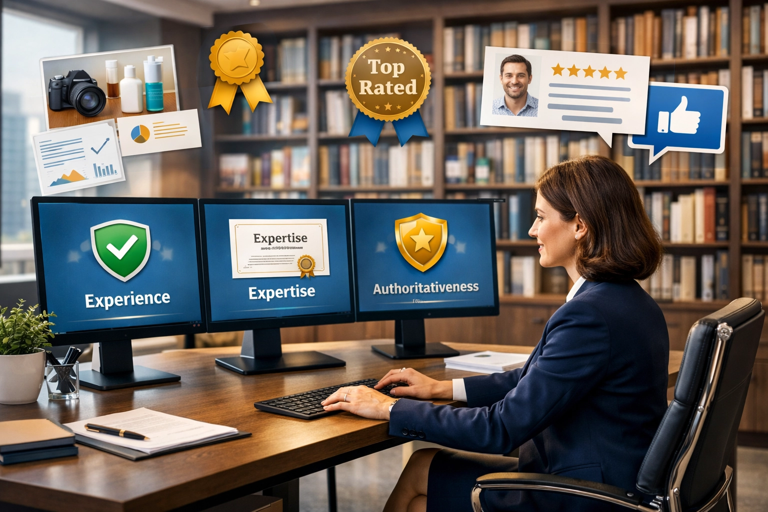 A tartalomminőség és E-E-A-T elvek vizualizációja szakértelem és megbízhatóság szempontjából