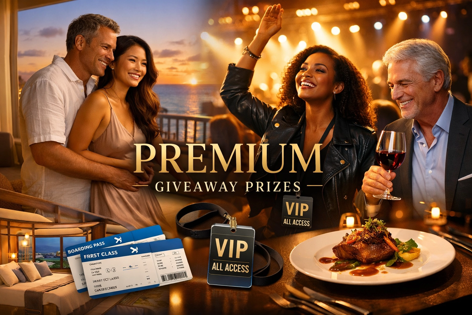 Diverse group enjoying premium experience-based giveaway prizes including luxury resort, VIP concert, and fine dining
