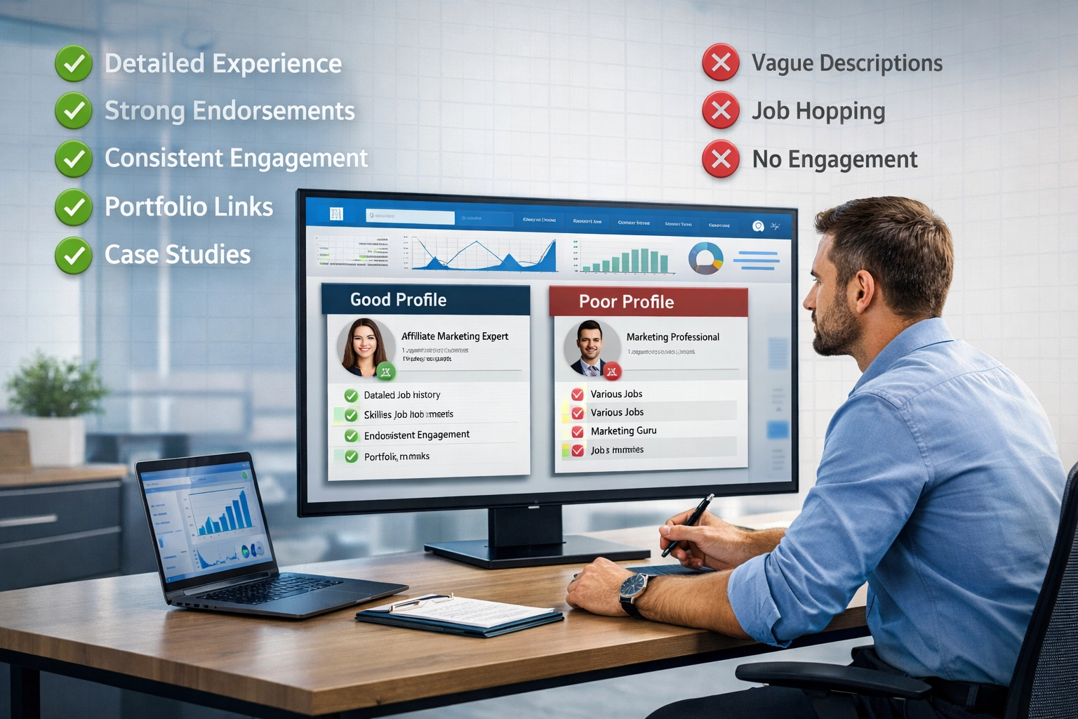 Profil-elemzési ellenőrzőlista vizualizáció, amely zöld és piros zászlókat mutat affiliate marketingesekhez