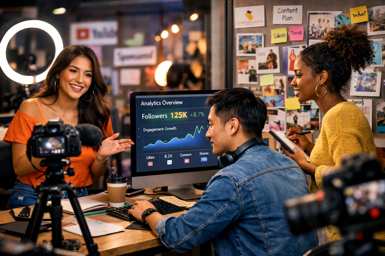 Tartalomgyártók stúdióban affiliate partnerségi stratégián dolgoznak professzionális felszereléssel és elemzésekkel