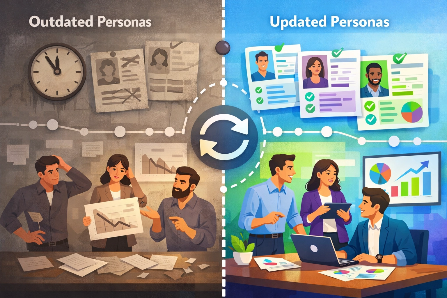 Frissített és elavult vásárlói perszónák összehasonlítása, amely megmutatja az adatok pontosságának és az üzleti igazodásnak a különbségét