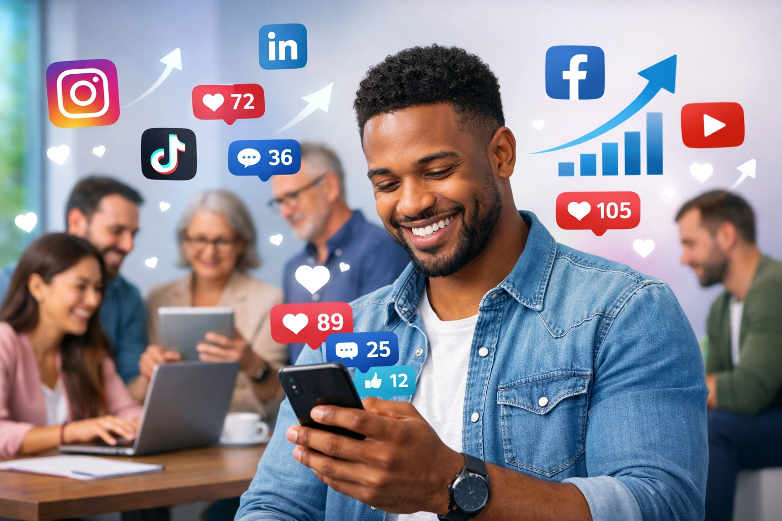 Sokszínű vállalkozók közösségi média platformokkal dolgoznak, körülöttük elköteleződési mutatókkal és közösségi média ikonokkal