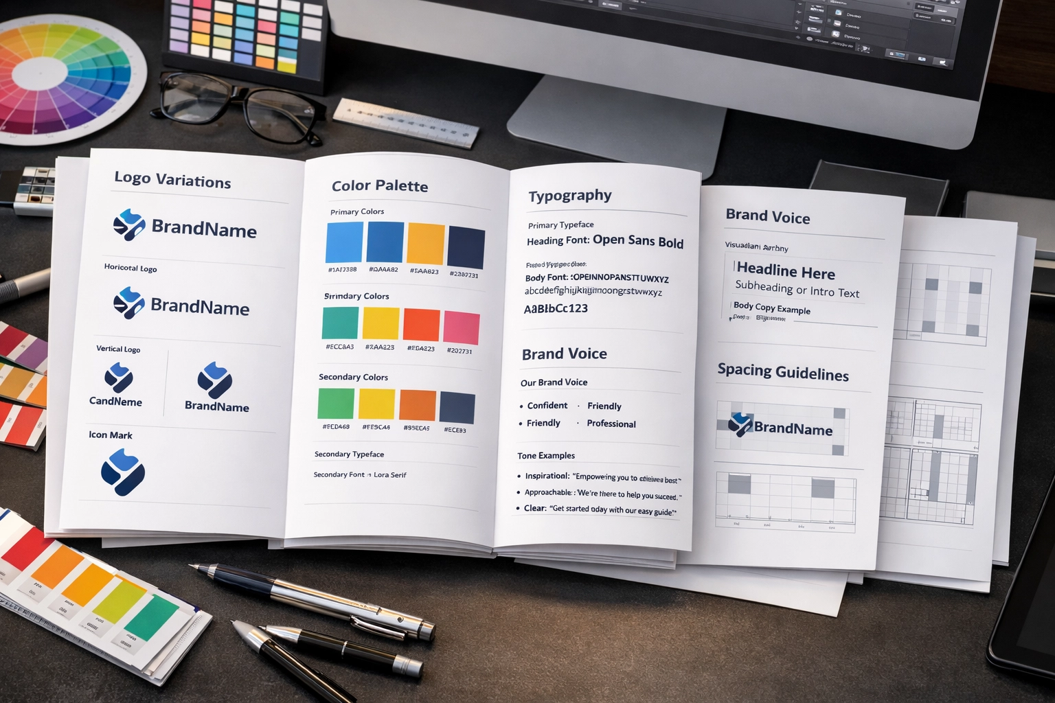 Professional brand guidelines document layout with logo variations and color palette