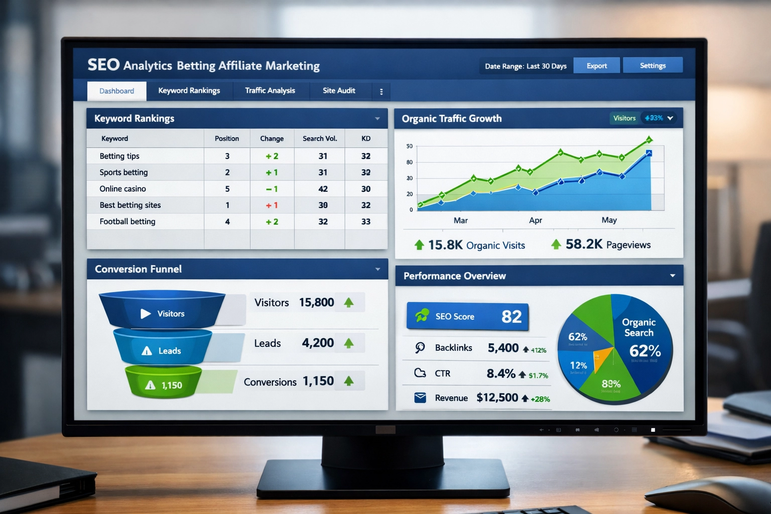SEO analitikai irányítópult, amely kulcsszó-helyezéseket, forgalomnövekedést és fogadási partneri tartalom teljesítménymutatókat mutat