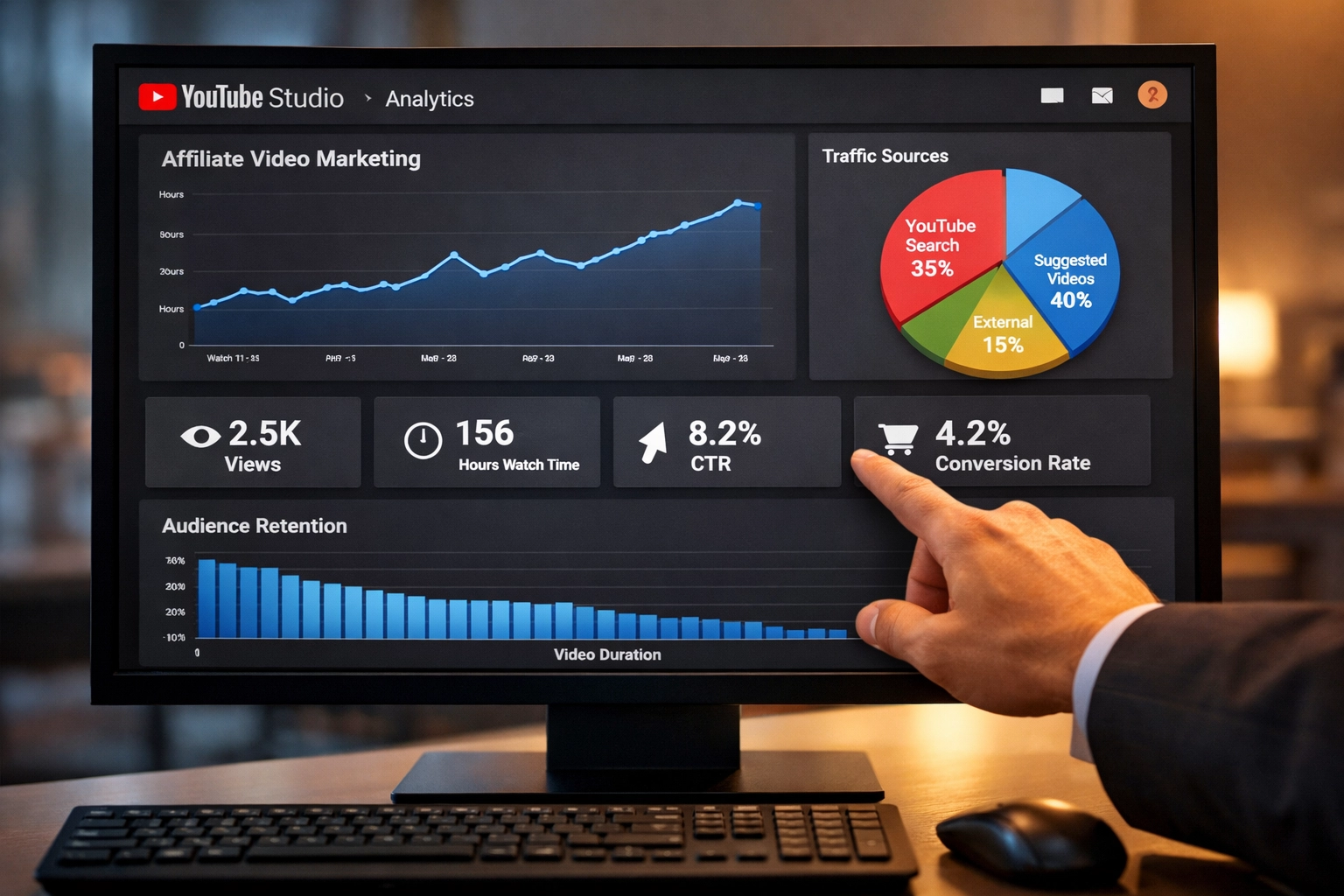 YouTube Analytics irányítópult, kulcsteljesítménymutatók affiliate videós marketing optimalizálásához