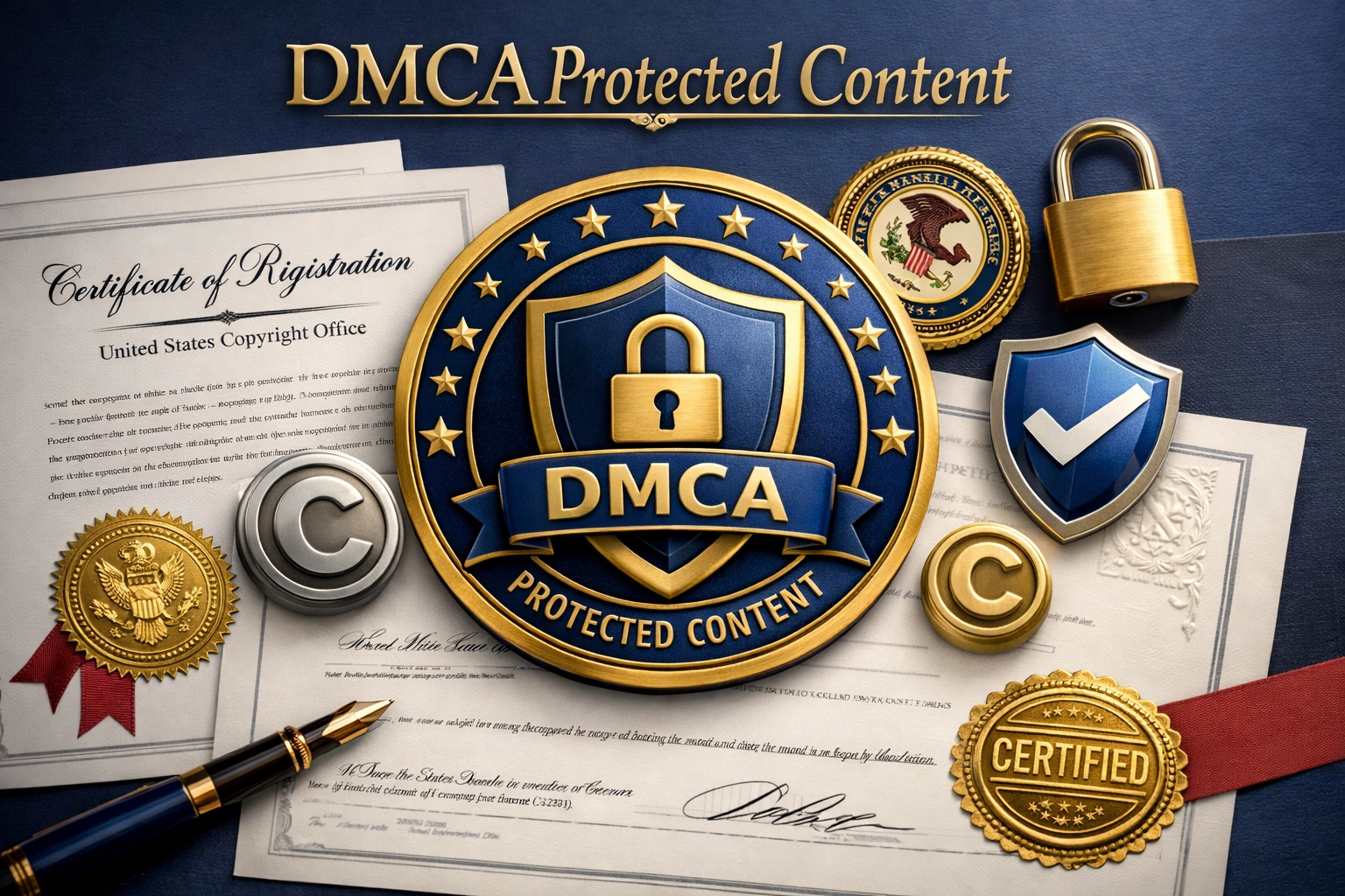 DMCA védelmi embléma és szerzői jogi regisztrációs dokumentum