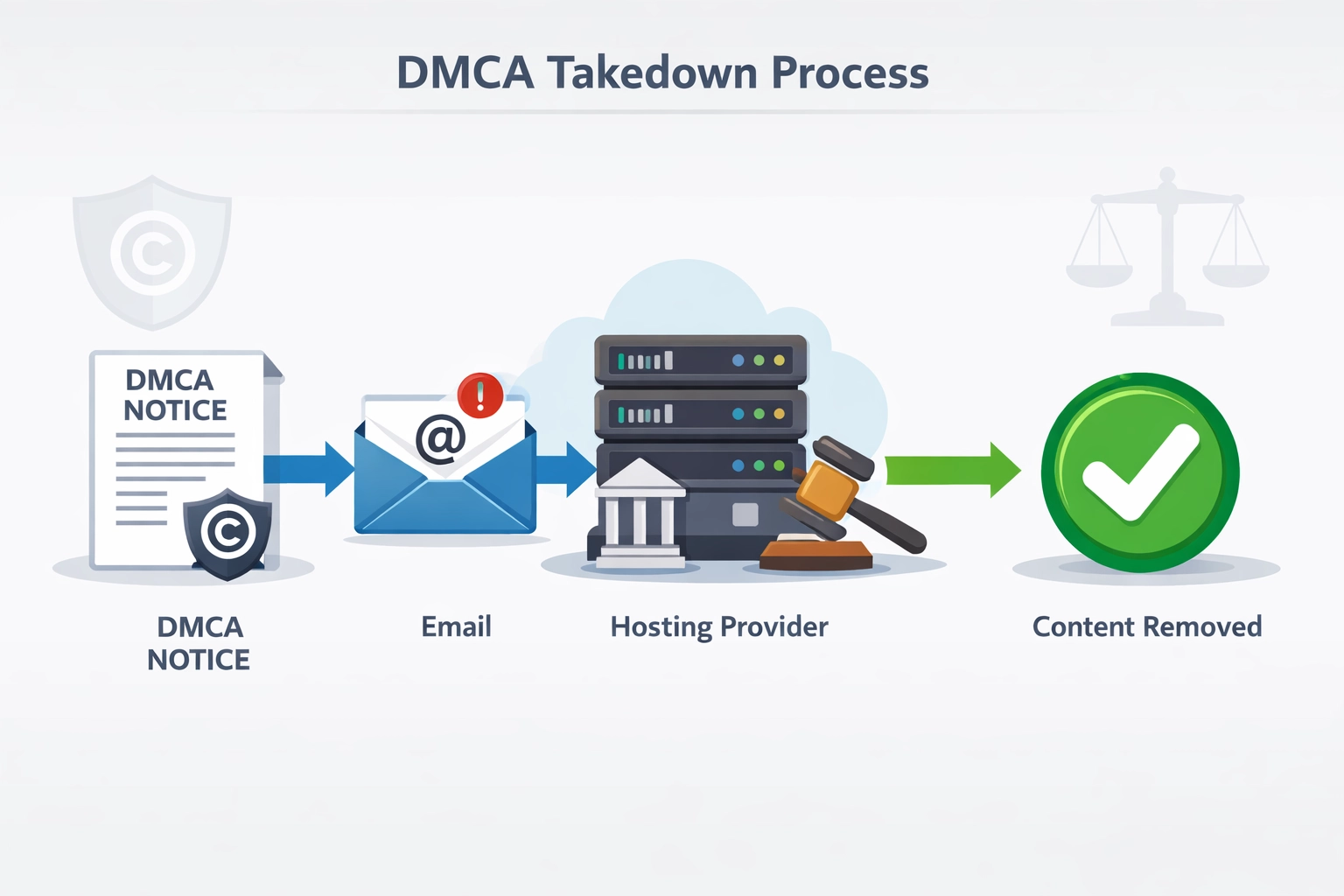 DMCA takedown process flow diagram showing steps from notice to content removal