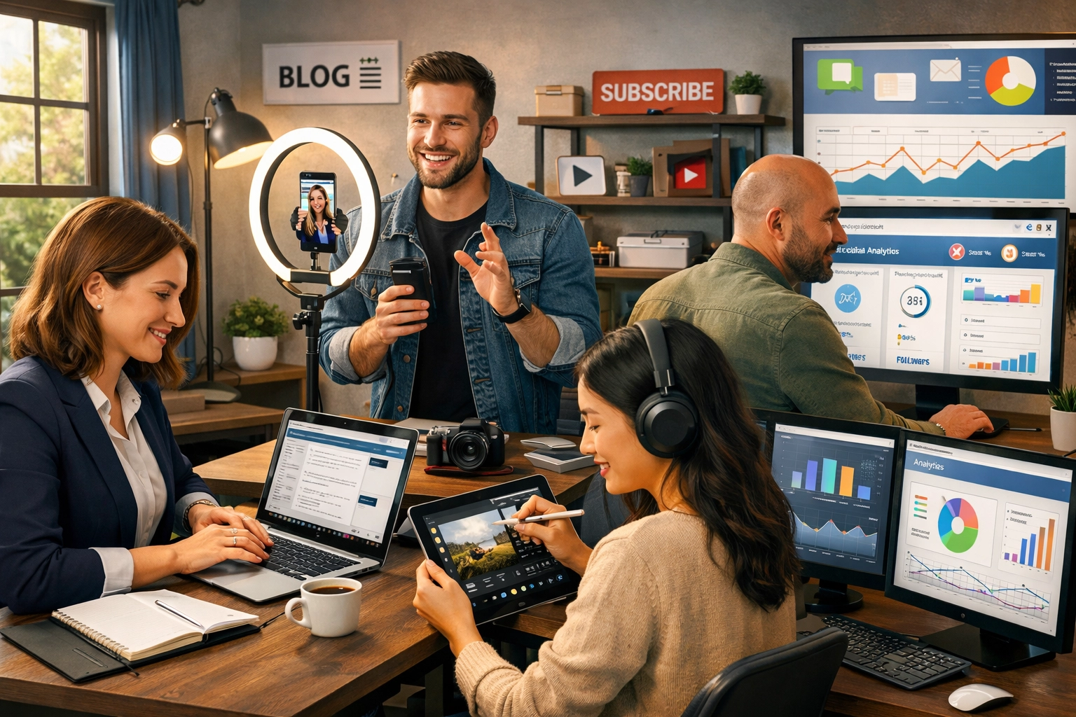 Különböző affiliate marketingesek és influenszerek dolgoznak különféle digitális platformokon