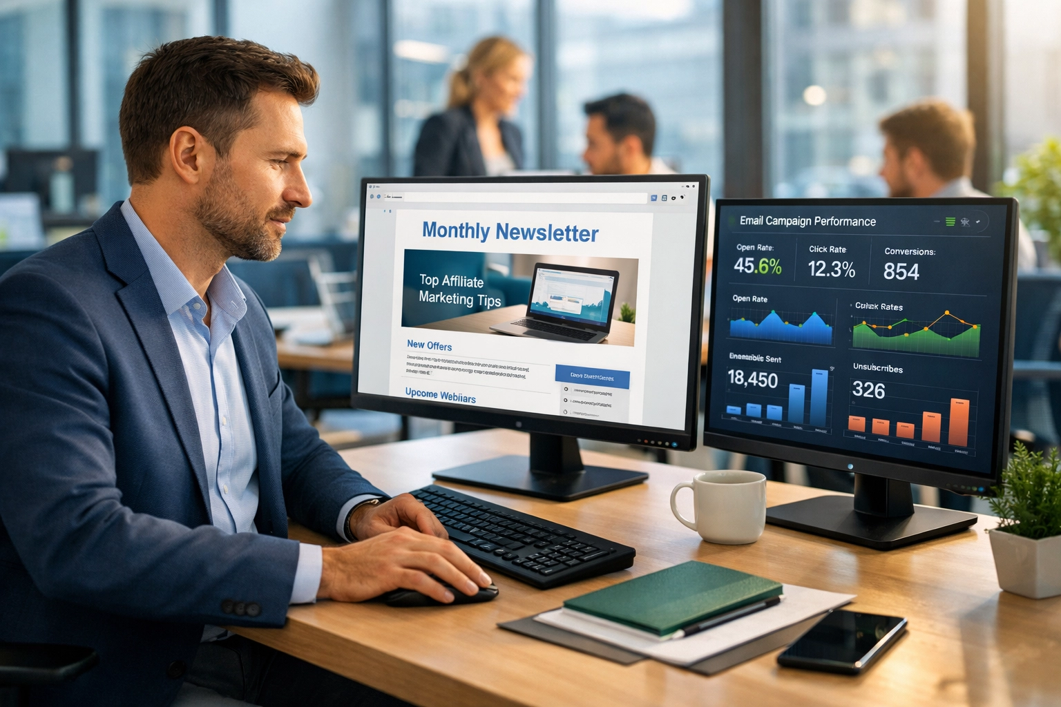 Partner menedzser email hírlevelet ellenőriz a csapattal a háttérben