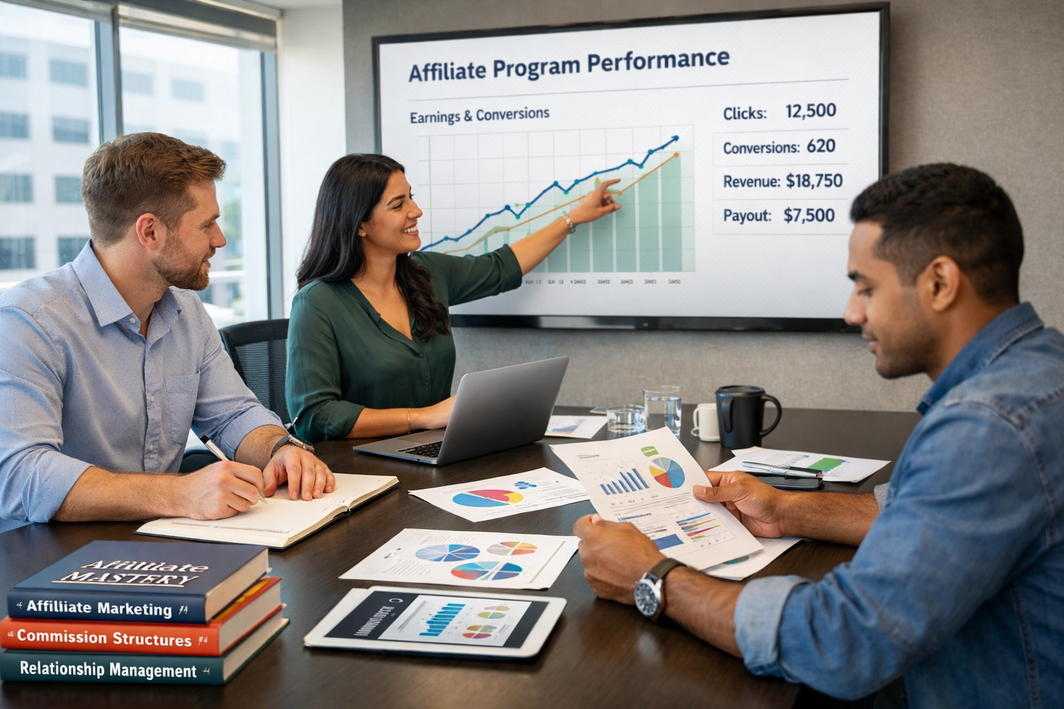 Affiliate marketing szakemberek csapata együttműködik stratégiaalkotás és teljesítményelemzés során