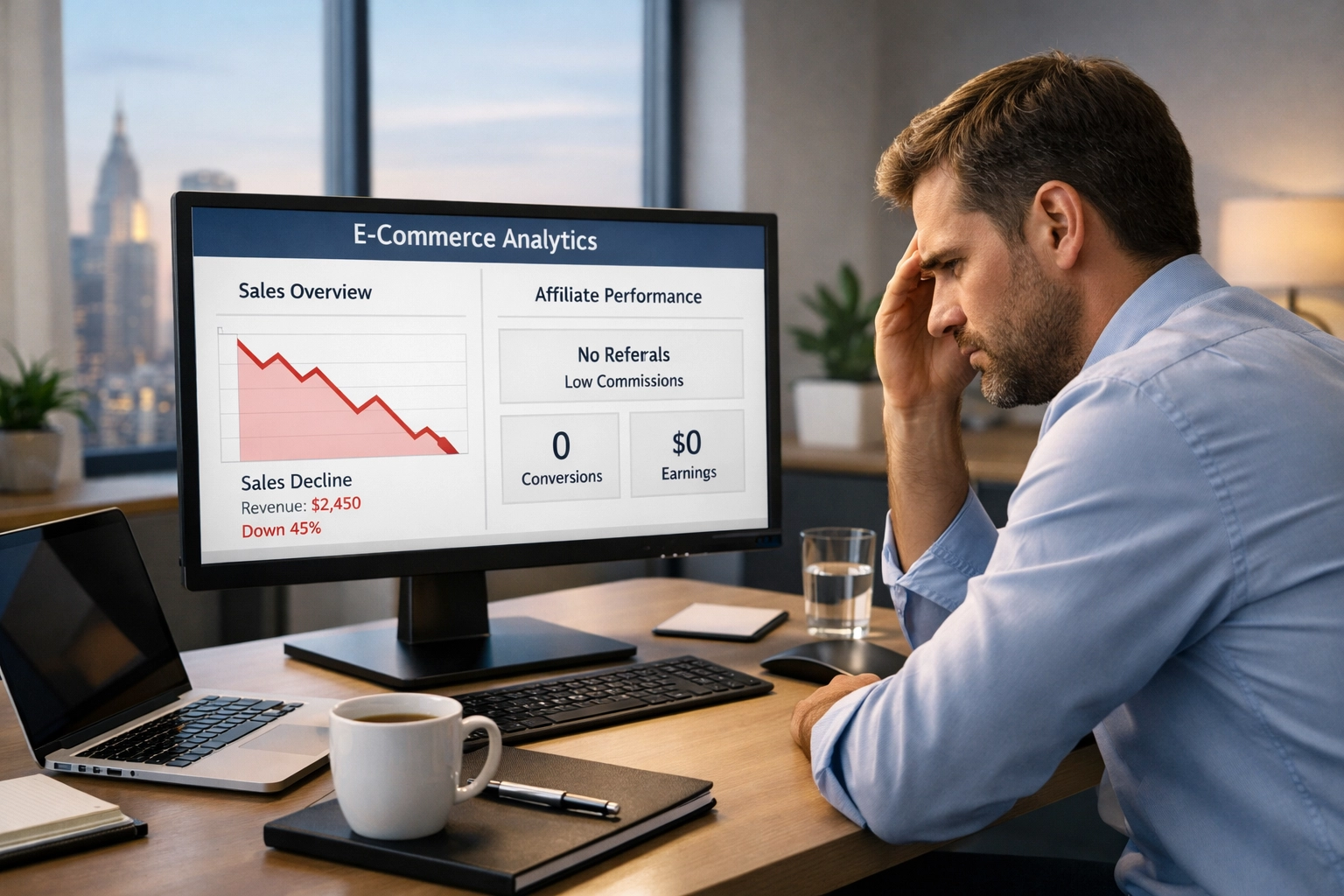 Csalódott e-kereskedelmi tulajdonos alacsony affiliate aktivitási mutatókat elemez a műszerfalon