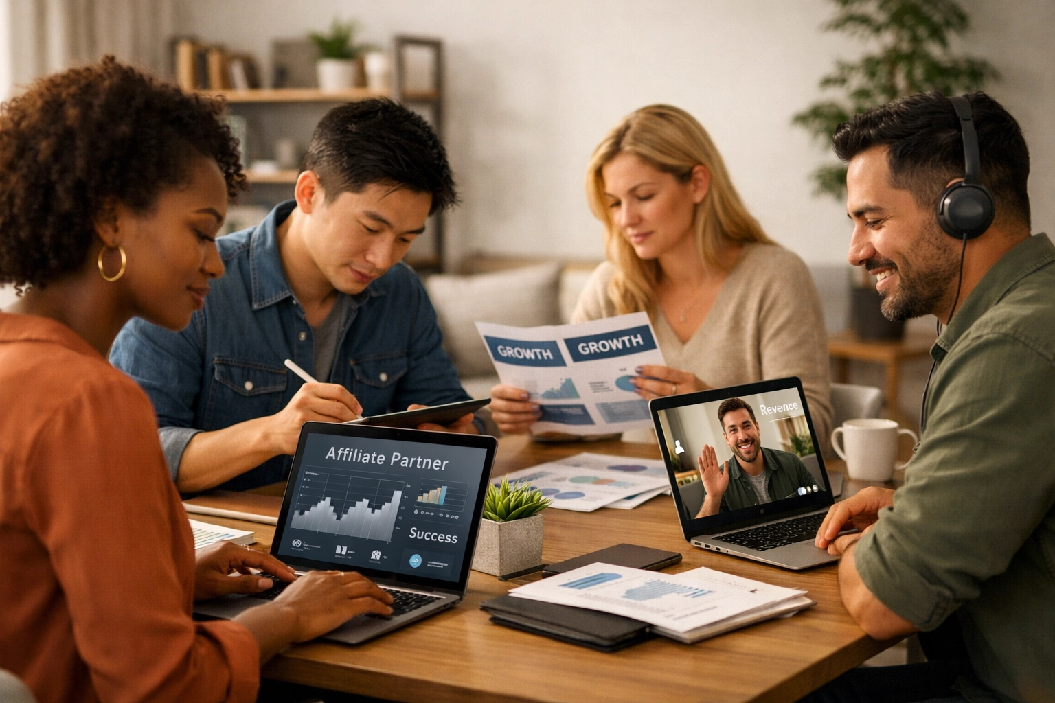 Sokszínű affiliate partnerek dolgoznak saját vállalkozásukon egy modern, együttműködő munkatérben