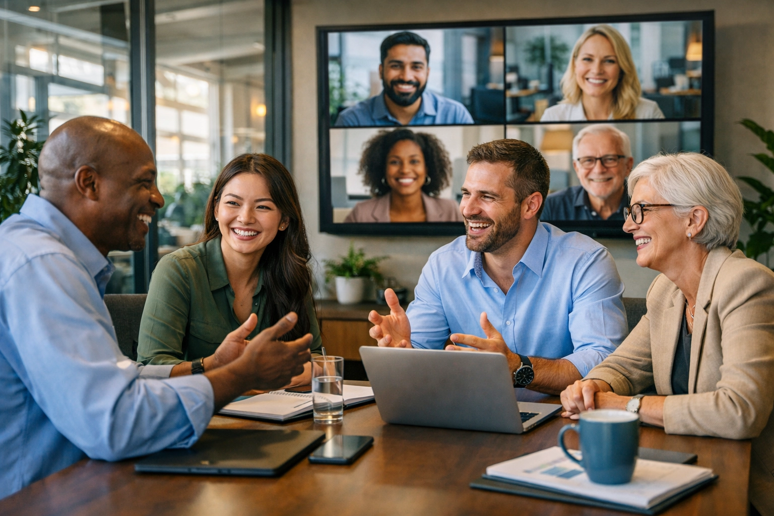 Sokszínű szakmai csapat együttműködik hibrid meeting környezetben, csapatszellem és közösség