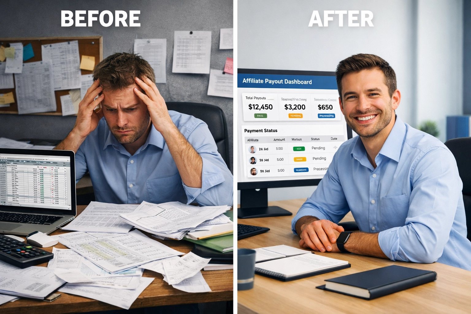 Összehasonlítás: a partnerkifizetés kezelése a PostAffiliatePro előtt és után