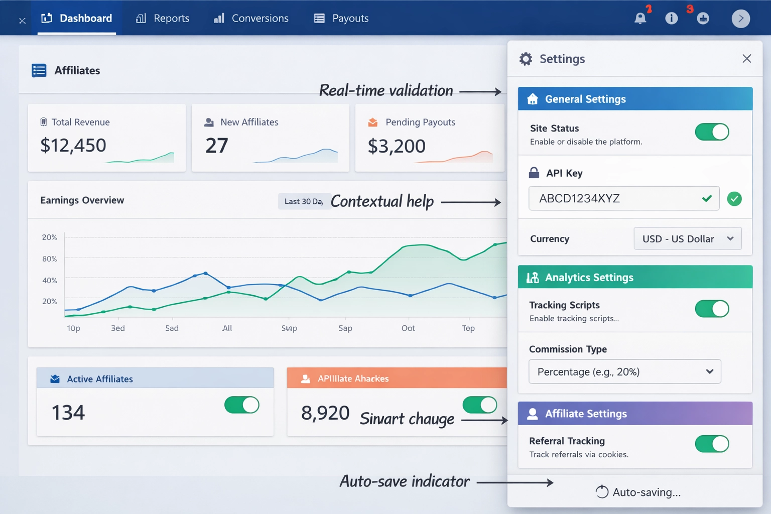 Modern oldalon belüli konfigurációs beállításpanelek integrált vezérlőkkel és valós idejű visszajelzéssel