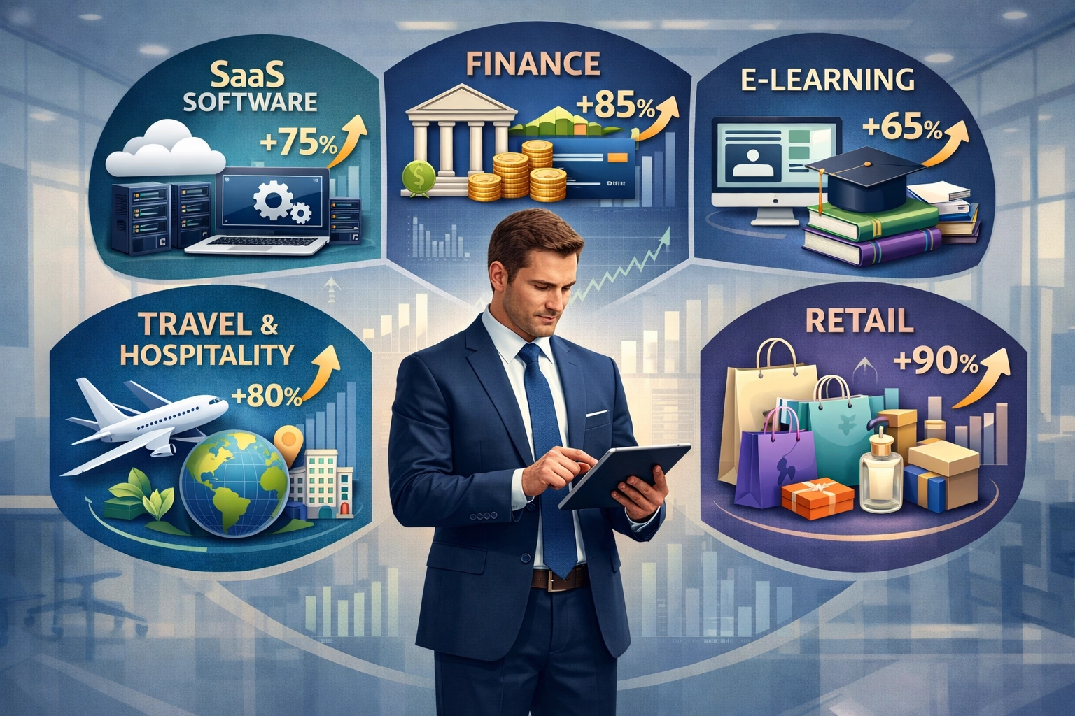 Különböző üzleti szektorok: SaaS, Pénzügy, E-learning, Utazás, Egészség & Wellness növekedési mutatókkal