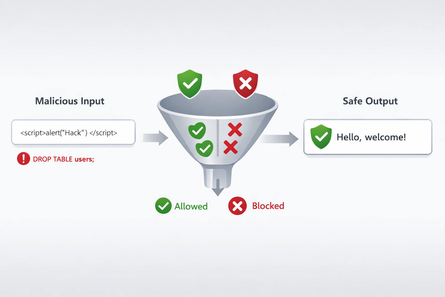 Bemeneti validáció és szűrés folyamata: rosszindulatú bemenet szűrése és biztonságos kimenet
