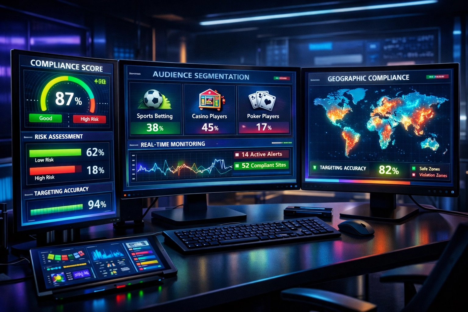 Elemzési dashboard megfelelőségi mutatókkal és közönségszegmentációval szerencsejáték affiliate marketinghez