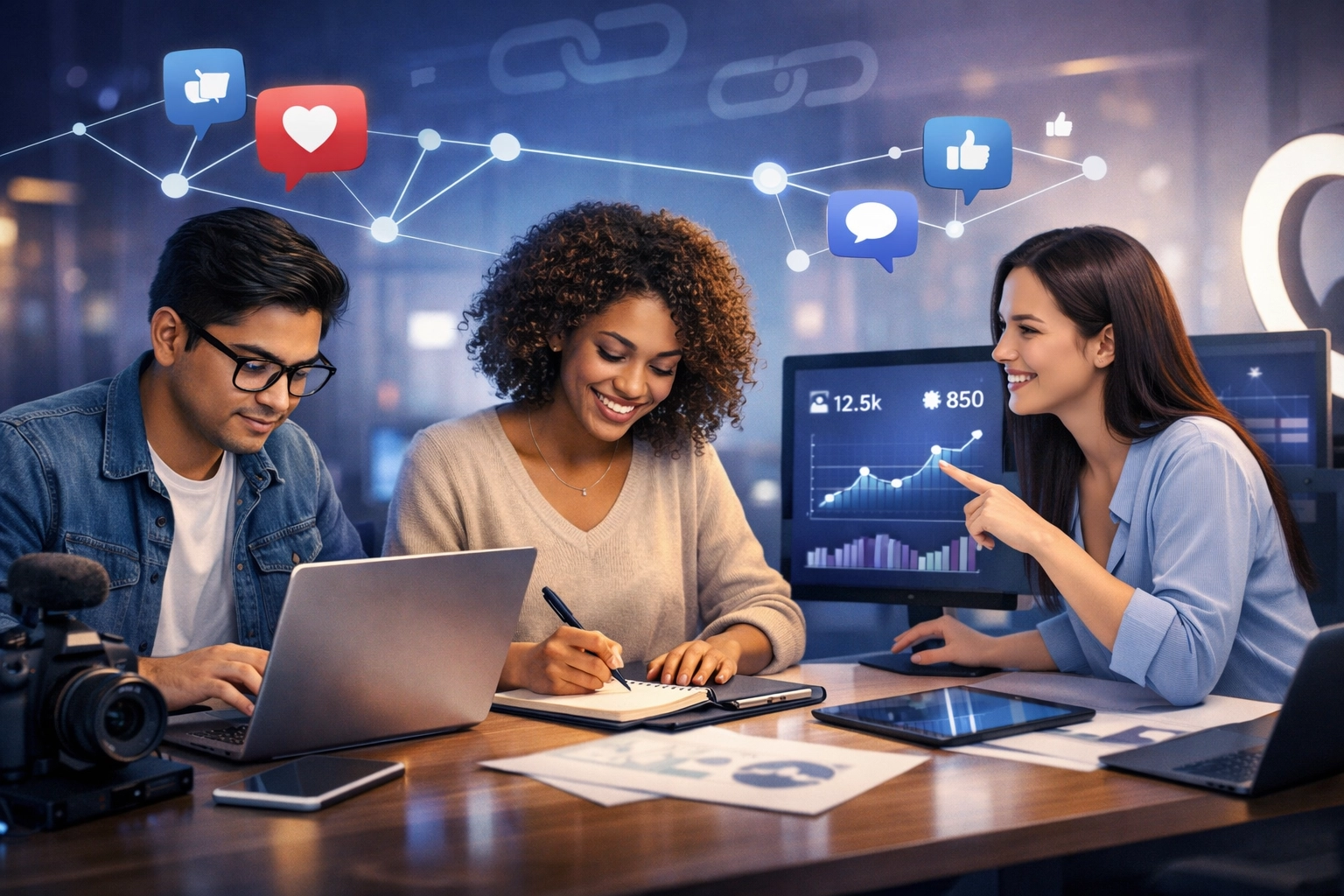 Influencerek közös tartalomkészítésen dolgoznak közösségi média visszamutató linkek céljából