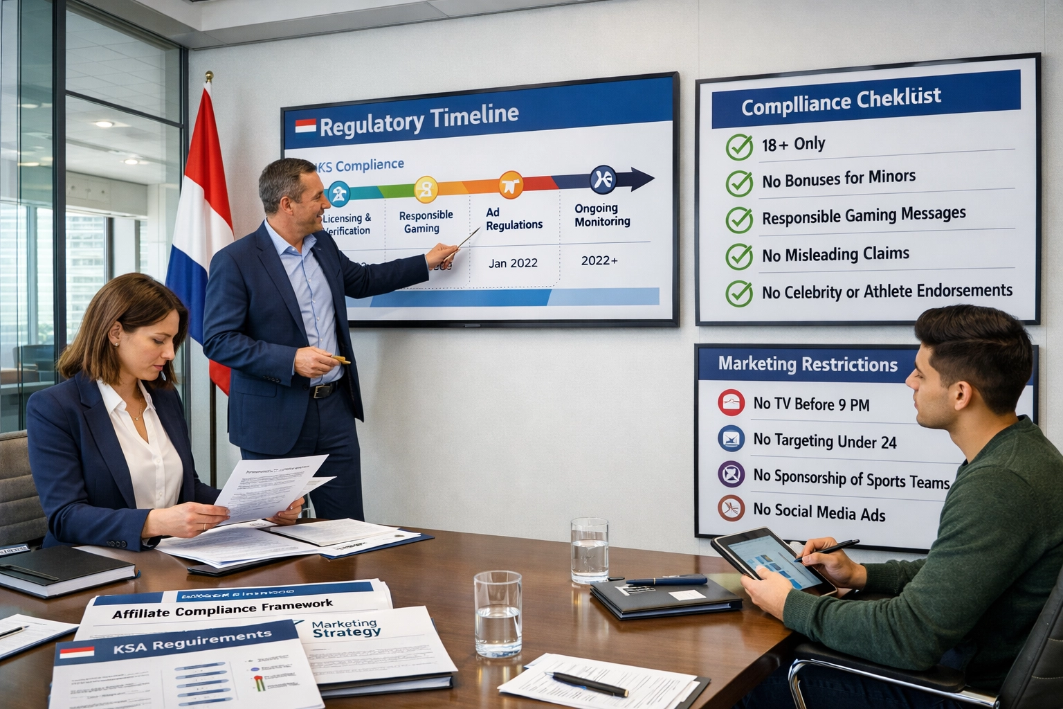 Marketing szakemberek csapata holland szerencsejáték-megfelelőségi stratégia kialakításán dolgozik modern irodában