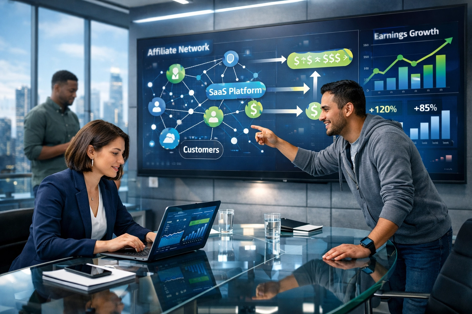 Professzionális SaaS affiliate marketing csapat elemző irányítópulttal dolgozik együtt