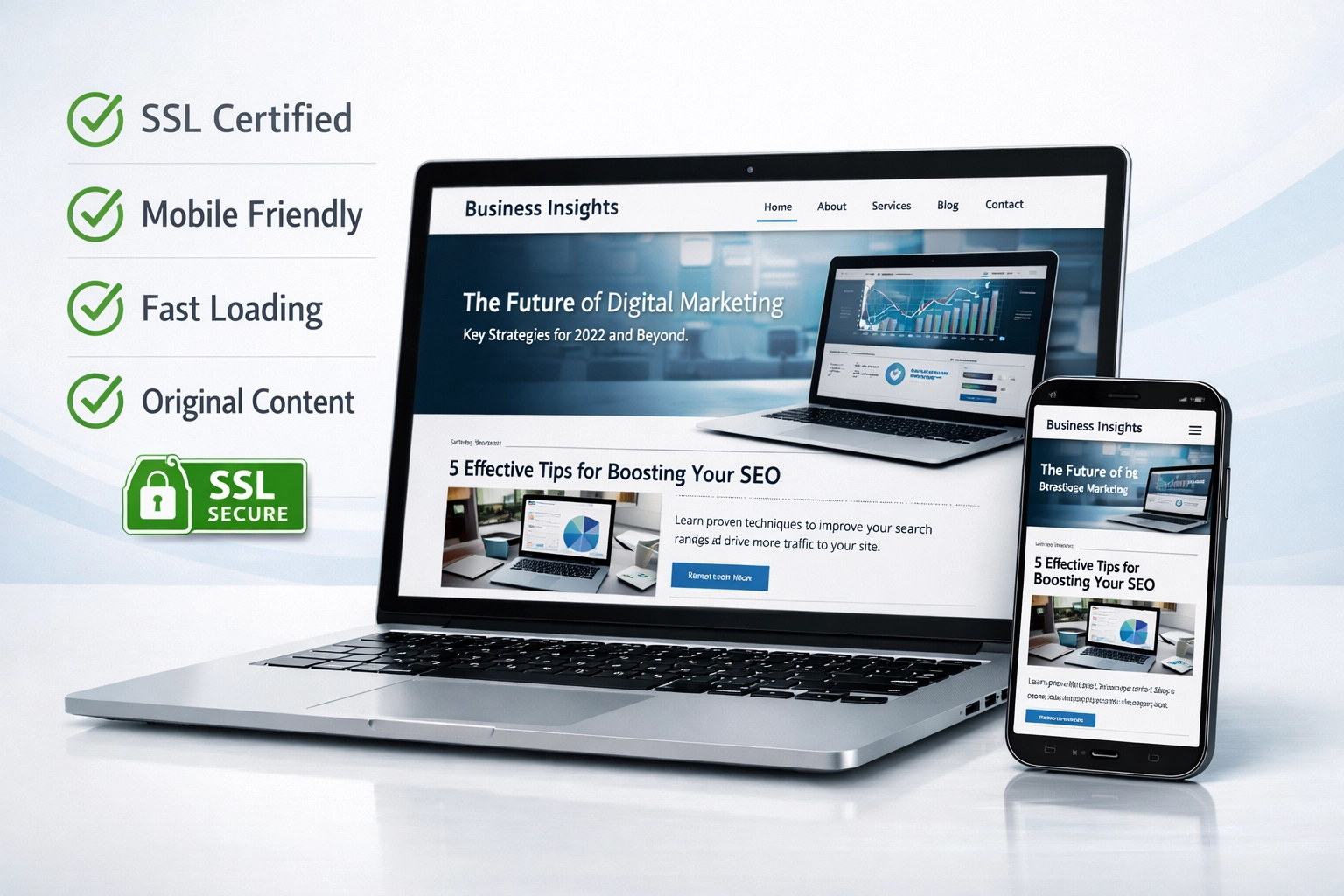 Weboldal minőségellenőrzés SSL jelvény, mobilbarát nézet és tartalomminőség-jelzőkkel