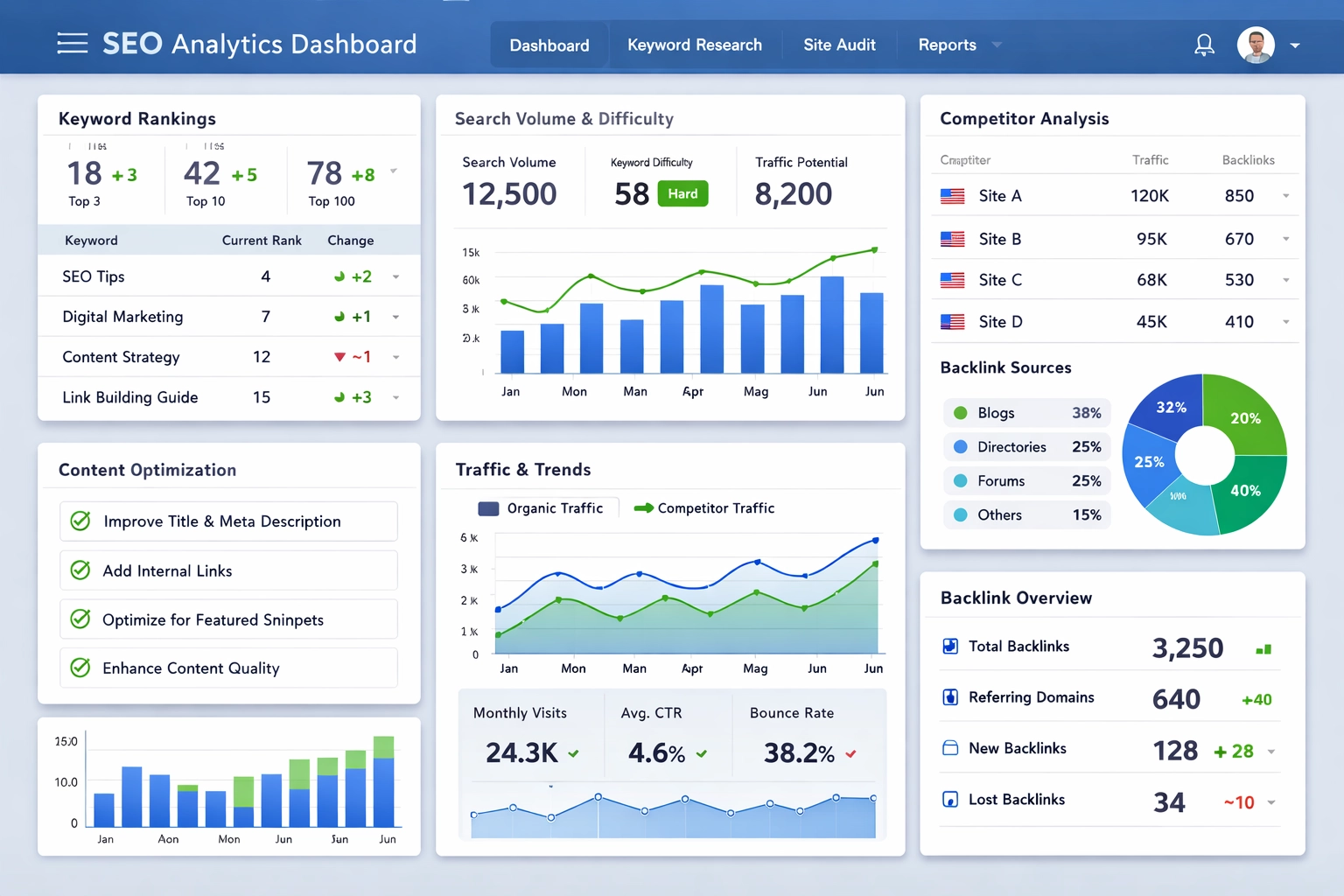Modern analytics dashboard showing SEO metrics and performance data