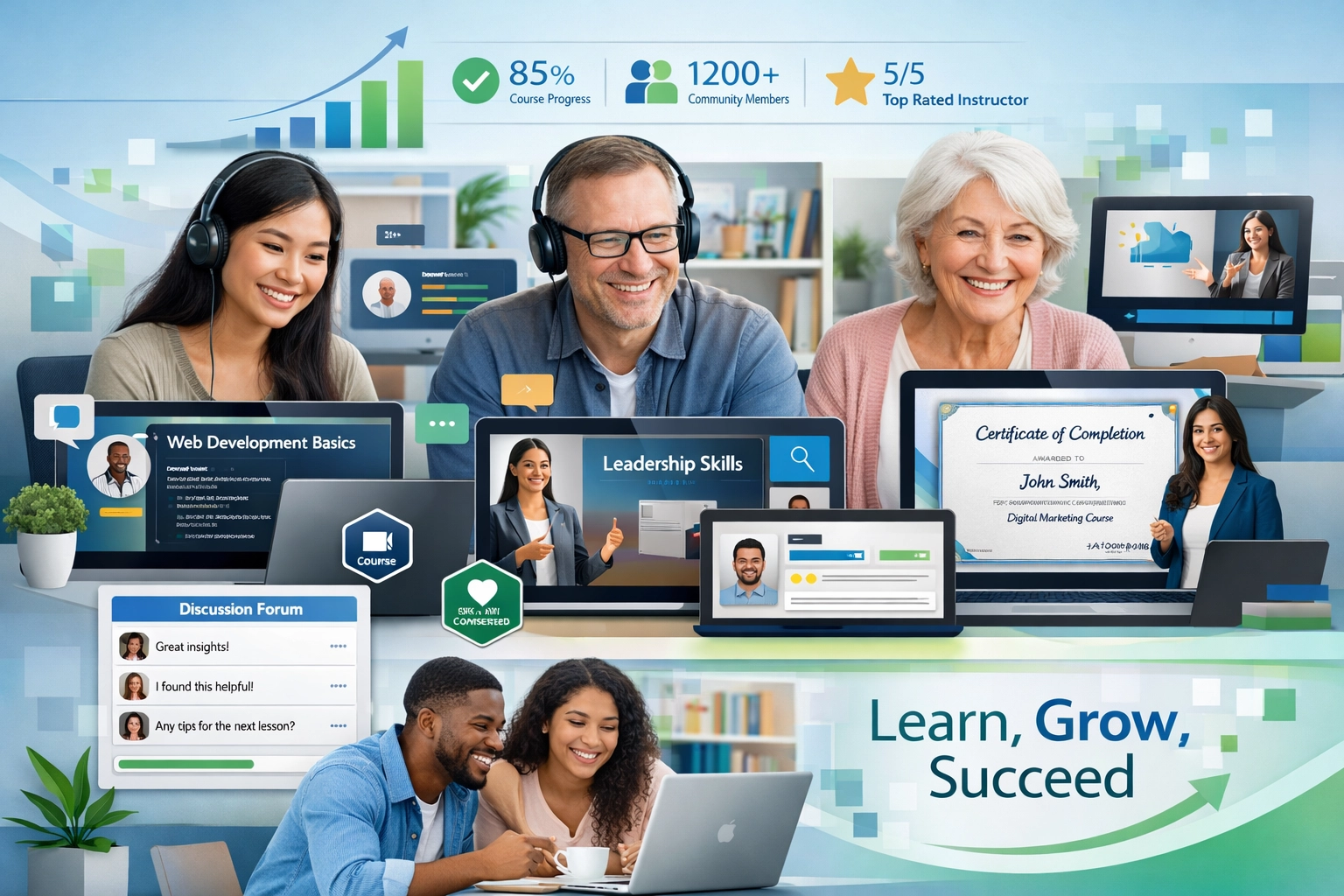 Modern online oktatási platform, sokszínű tanulókkal és kurzustartalommal