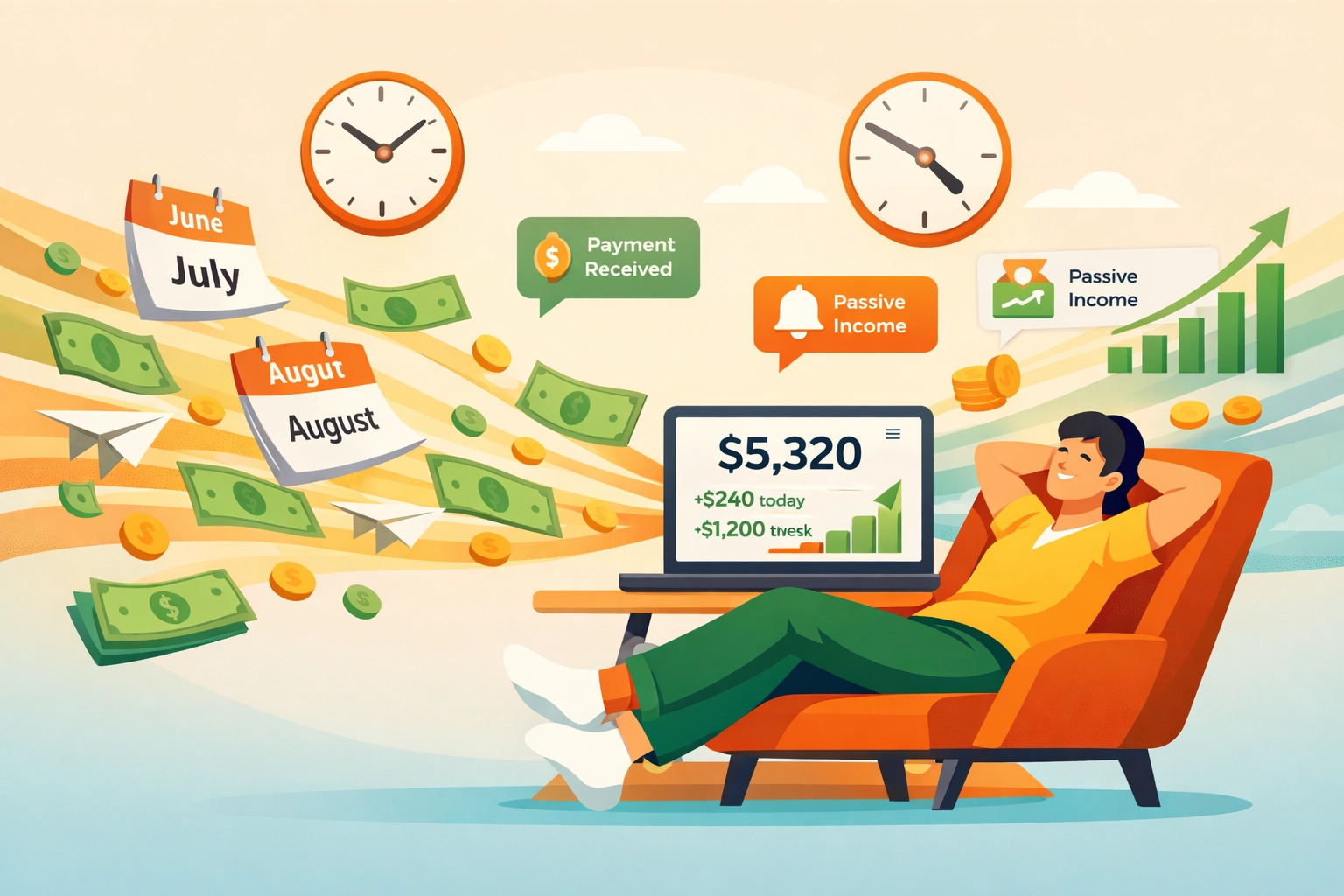 Személy pihen, miközben több forrásból áramlik be a passzív jövedelem