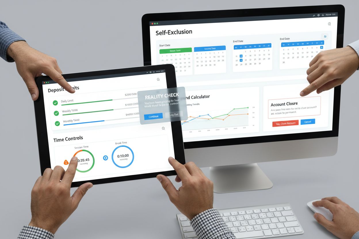Játékosvédelmi eszközök irányítópultja befizetési limitekkel, időkorlátokkal és önkizárási lehetőségekkel