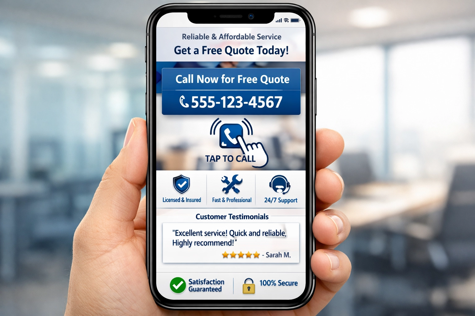 Mobile-optimized landing page for pay per call campaigns with prominent call-to-action button