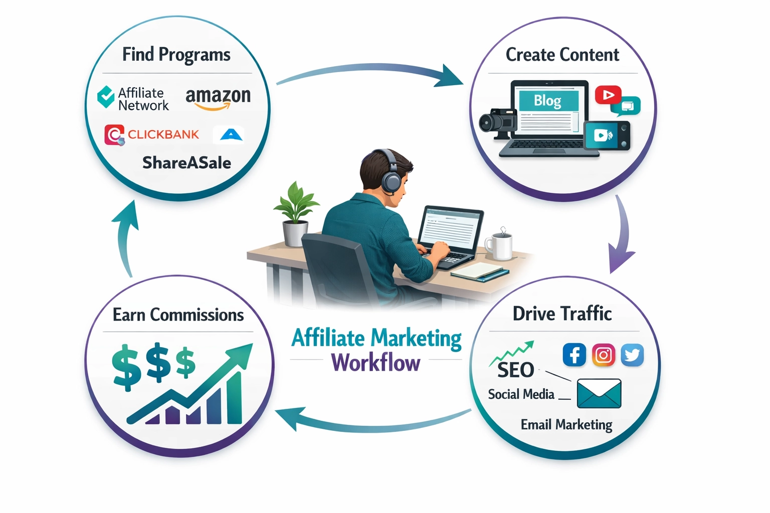 Affiliate marketing folyamat: négy lépés – programok keresése, tartalomkészítés, forgalom terelése, jutalék szerzése