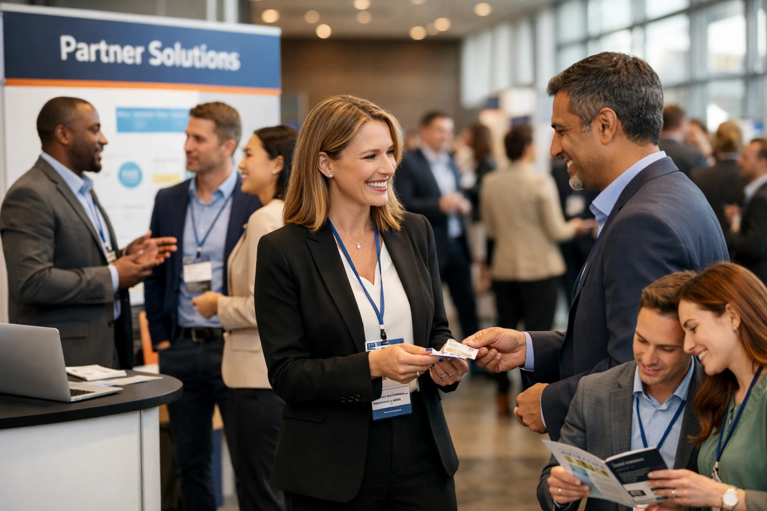 Üzletemberek kapcsolatot építenek iparági konferencián, névjegyet cserélnek és partnerségekről egyeztetnek