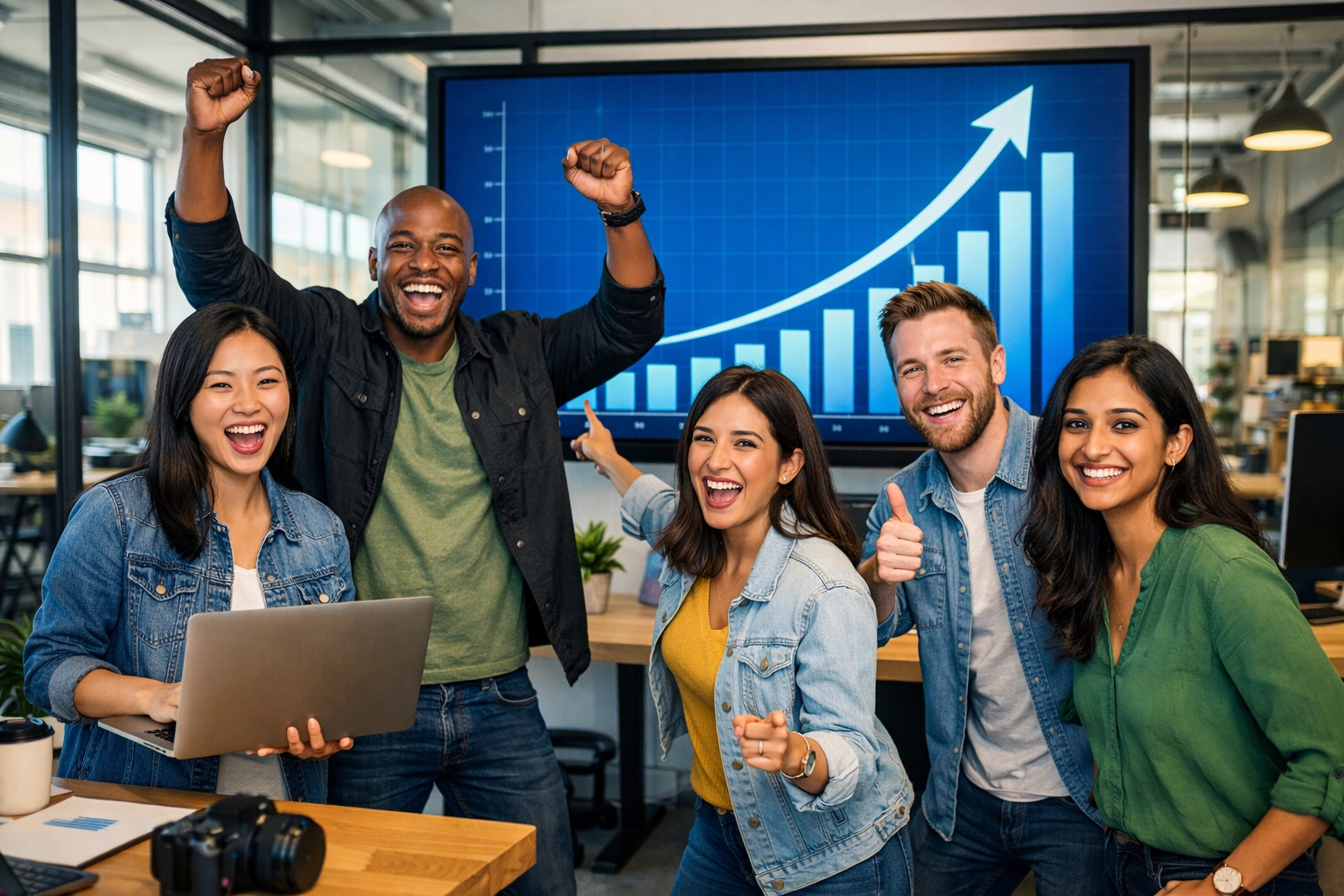 Sokszínű tech startup csapat ünnepli a sikert, mögöttük növekvő trendet mutató grafikon látható a képernyőn