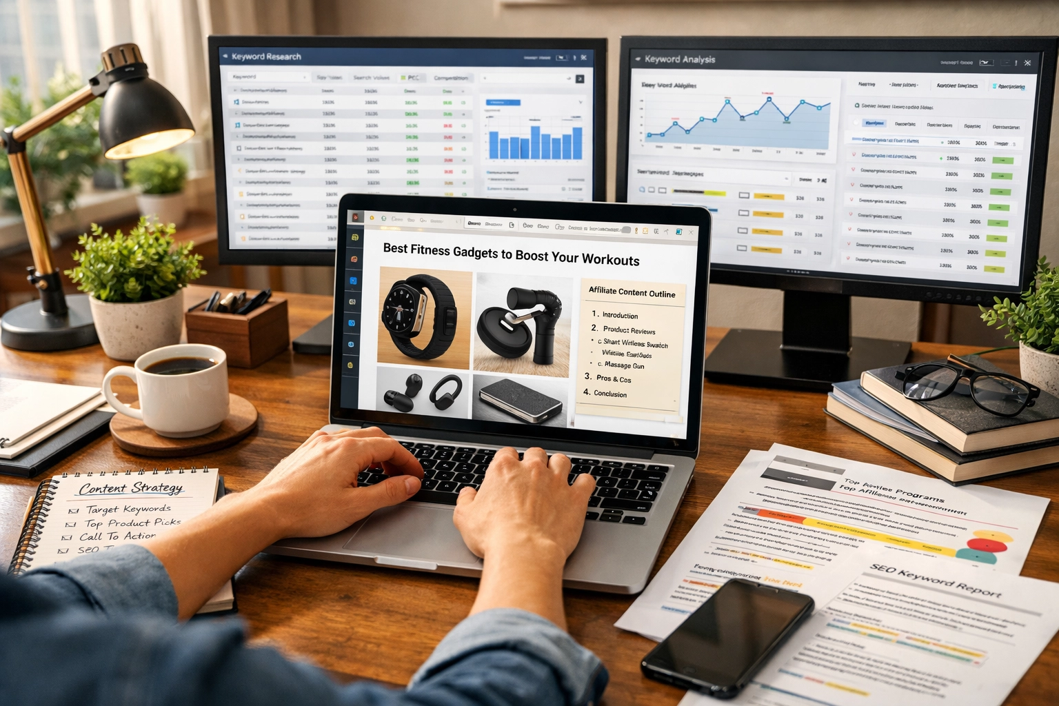 Tartalomkészítő partner marketing blogbejegyzésen dolgozik kulcsszókutatással és termékelemzéssel