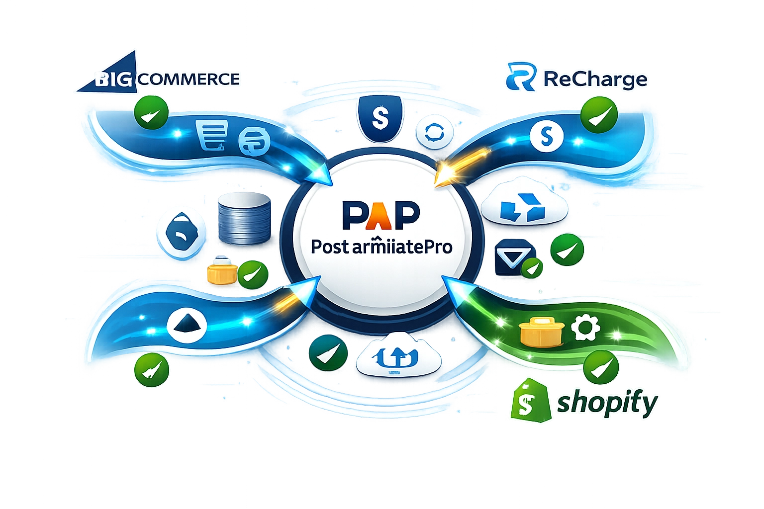 Integrációs ökoszisztéma, amely a BigCommerce, ReCharge és Shopify összekapcsolását mutatja a PostAffiliatePro-val