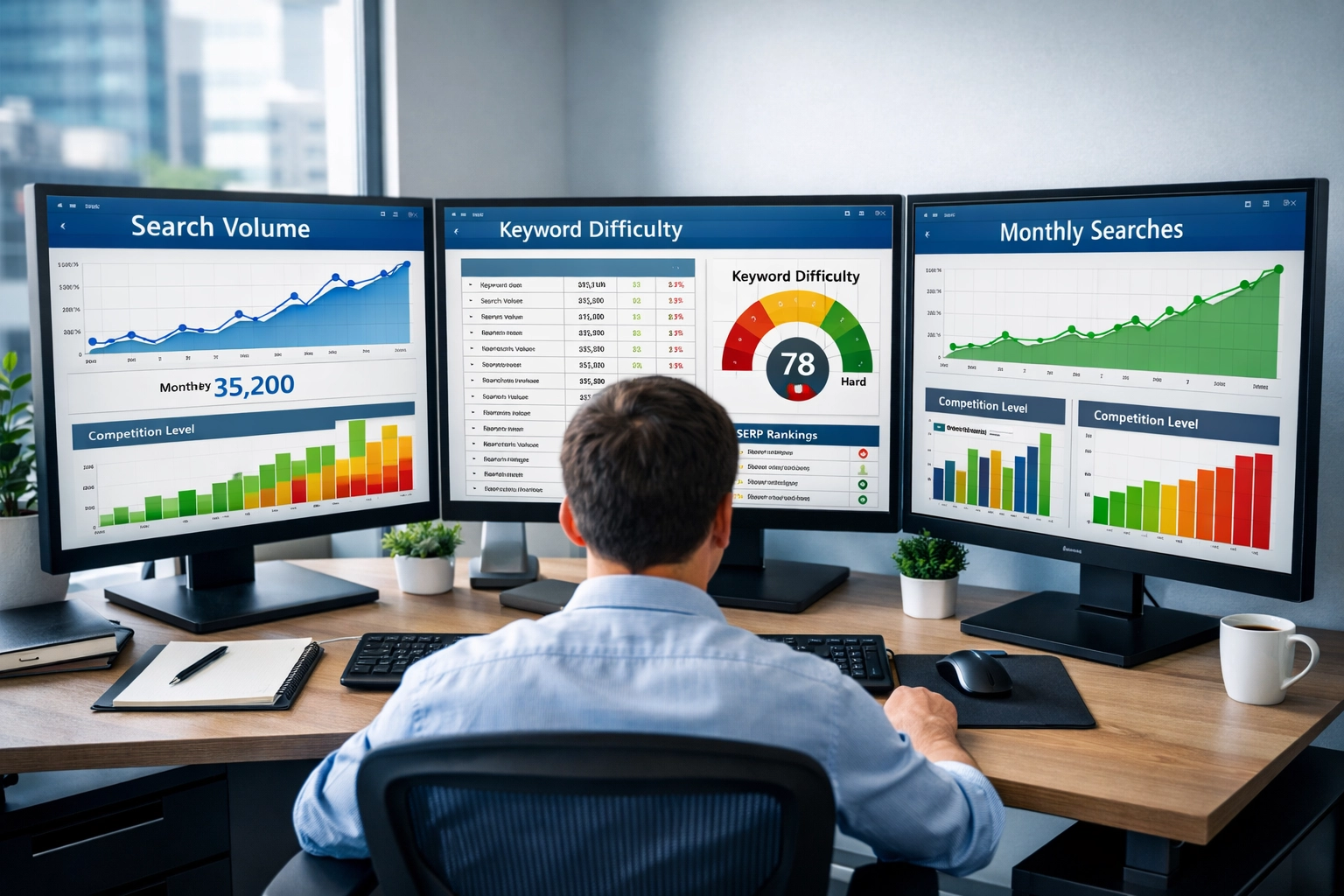 Szakmai munkaterület kulcsszókutatási elemzéssel, több monitoron elemzési irányítópult és keresési adatok láthatók