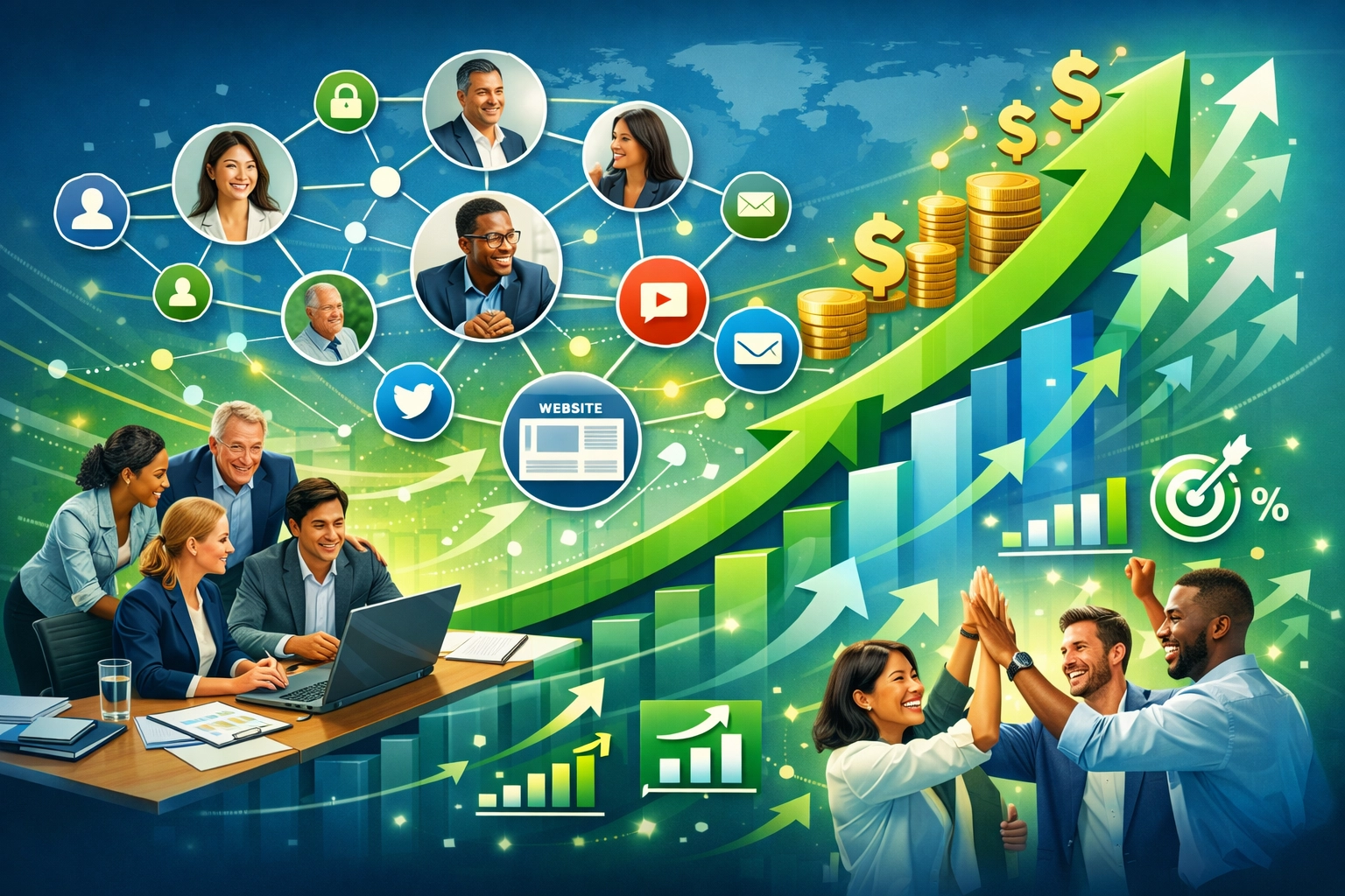 Business growth visualization showing expanding affiliate network and increasing revenue