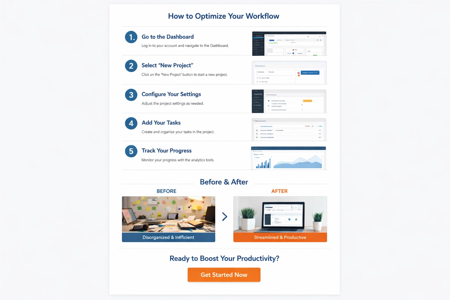 Professzionális tutorial weboldal elrendezése számozott lépésekkel és CTA-kkal