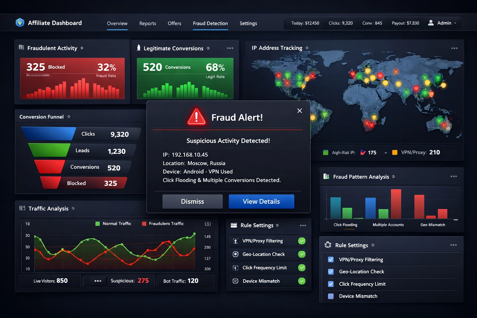 Modern affiliate management software dashboard showing real-time fraud detection and monitoring with analytics panels