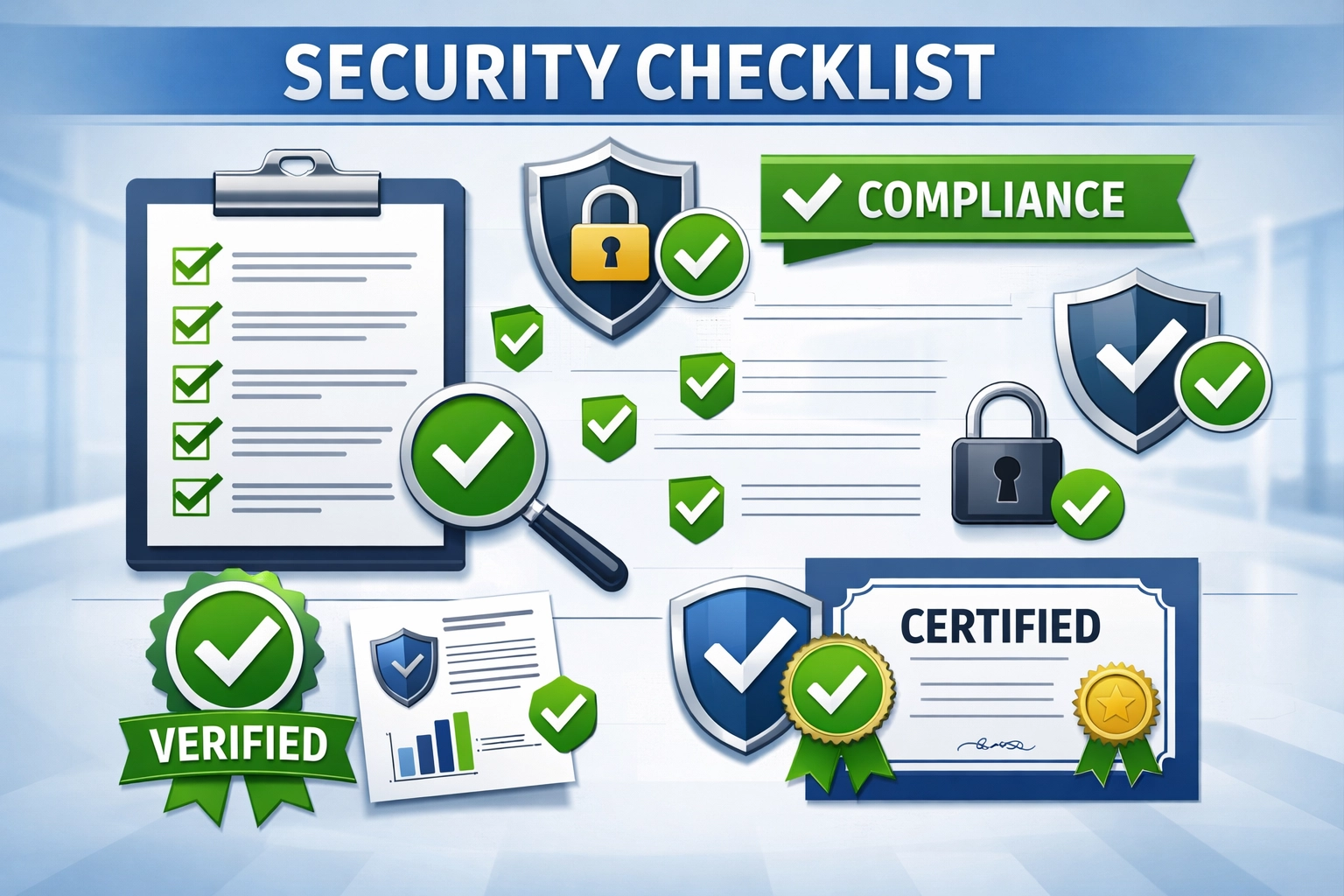 Security evaluation checklist with compliance badges and verification marks