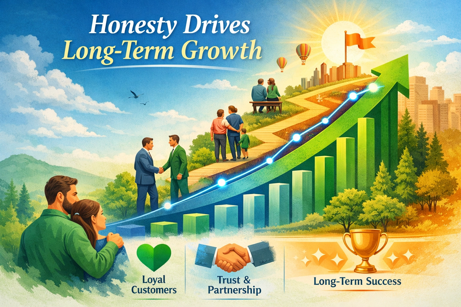 Az őszinteség hajtja a hosszú távú növekedést – Felfelé ívelő grafikon növekedési pálya vizualizációja