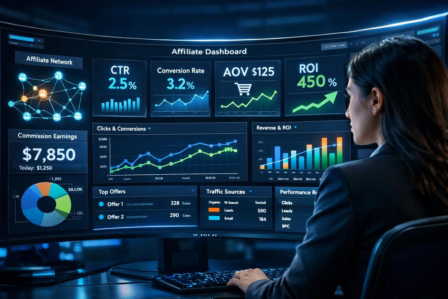 Modern affiliate marketing irányítópult, amely elemzéseket, konverziós arányokat és teljesítménymutatókat mutat