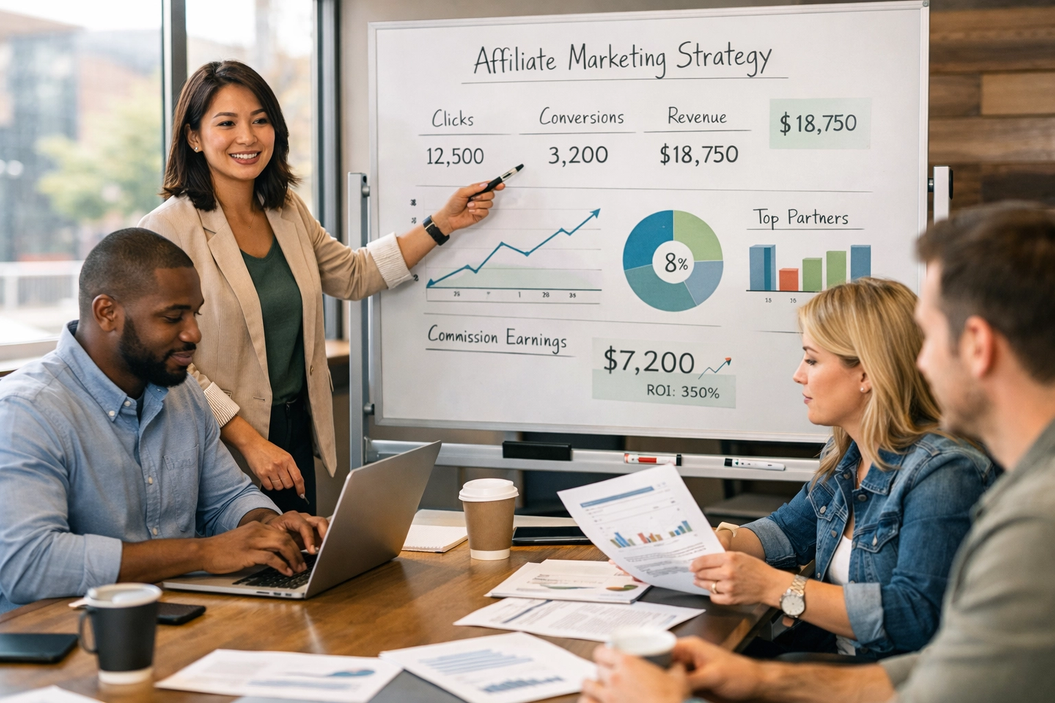 Diverse team collaborating on affiliate marketing strategy in modern conference room