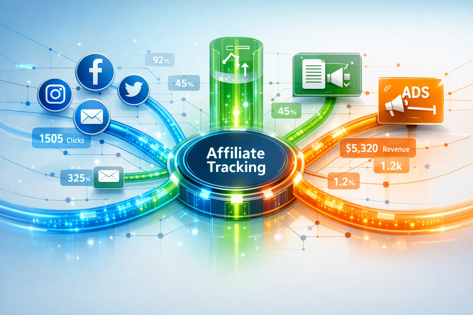 Affiliate link követő hálózat vizualizációja, összekapcsolt adatfolyamokkal