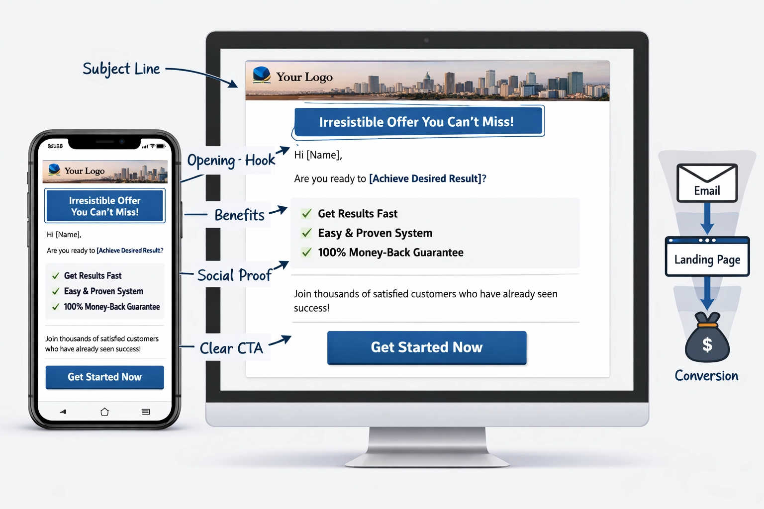 Email sablon mockup, amely a solo hirdetésekhez szükséges szövegírási legjobb gyakorlatokat mutatja
